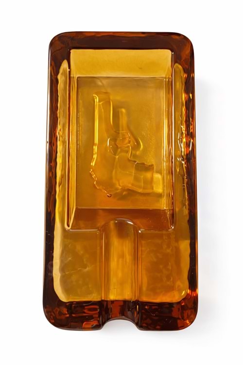 El Yapımı Cam Kabartma Detaylı Amber Puro Küllük – Ağır Cam Tasarım Küllük