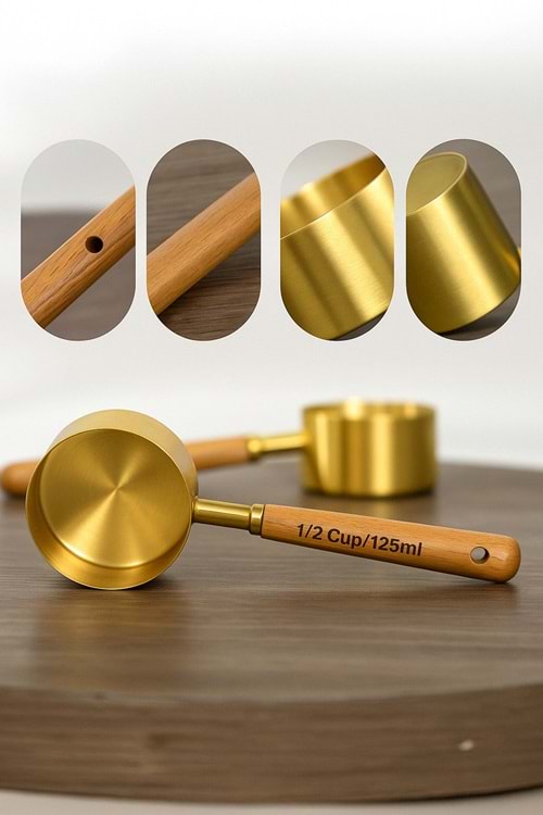 Gold Paslanmaz Çelik Ölçü Kaşığı 125 ml – Ahşap Saplı Premium Kalite Ölçü Kaşık