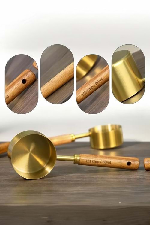 Gold Paslanmaz Çelik Ölçü Kaşığı 60 ml – Ahşap Saplı Premium Kalite Ölçü Kaşık
