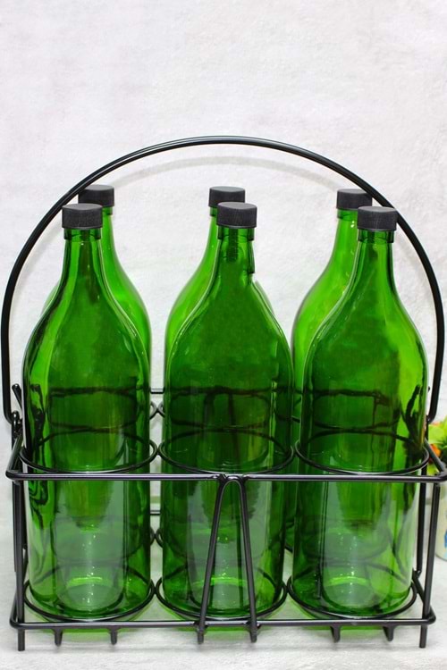 6 Adet Yeşil 2 Litre Şişe Siyah Metal Taşıma Saplı Standlı