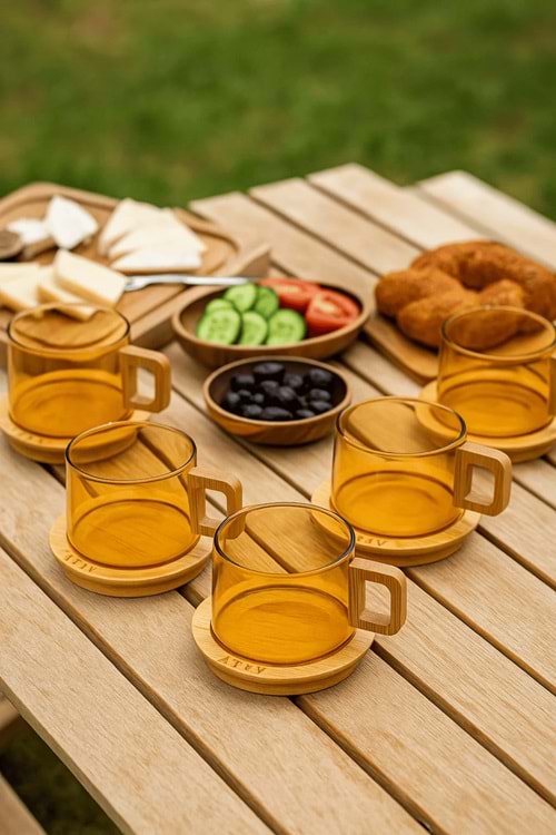 12 Parça Amber Renk Cam Kupa Seti – Bambu Kulplu ve Altlıklı Çay & Kahve Bardağı
