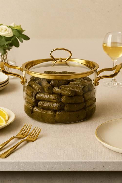 3,5 Lt Altın Kapaklı ve Kulplu Isıya Dayanıklı Tencere – Ölçülü Borosilikat Cam Tencere