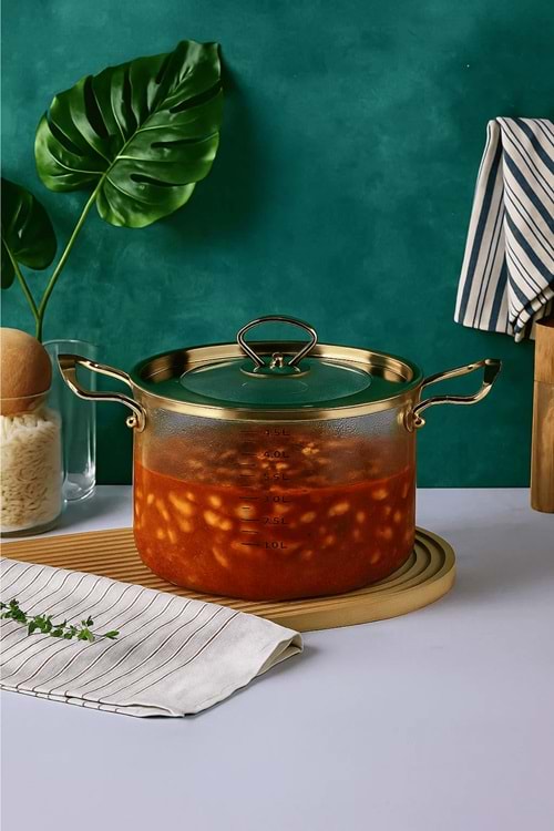 4,5 Lt. Borosilikat Cam Tencere – Ölçülü Gold Detaylı ve Kulplu Isıya Dayanıklı Tencere