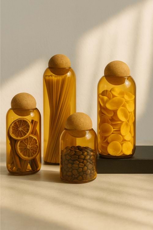 4’lü Amber Cam Kavanoz Seti – Yuvarlak Mantar Kapaklı Dekoratif Baharatlık Takımı