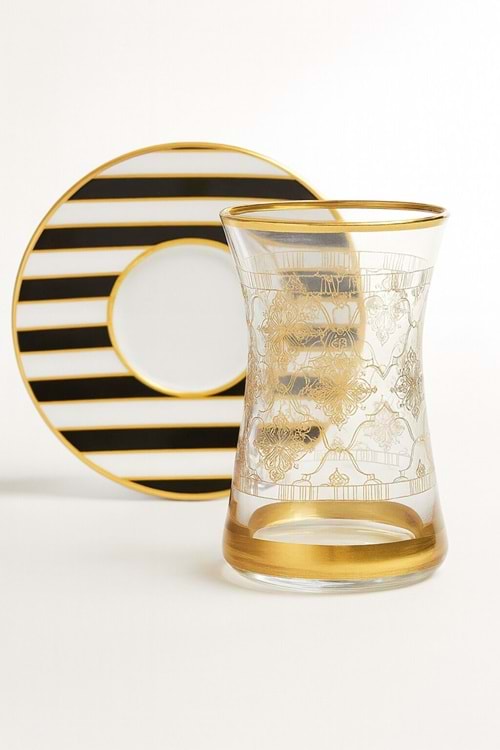 12 Parça Altın Yaldızlı Desen Çay Bardağı ve Zebra Desen Tabak Seti