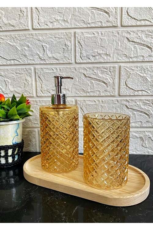Cam Kafes Model Ahşap Standlı Set 2'li Sıvı Sabunluk Diş Fırçalık Banyo Seti Amber Renkli