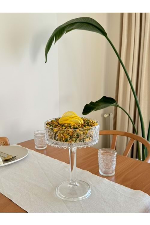 El Yapımı Şeffaf Cam Yuvarlak Ayaklı Sunum Kasesı Sunumluk 19X25 Cm