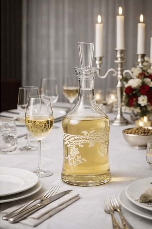 1300 ml El Yapımı Şeffaf Cam Karaf – Florale Model Su Meşrubat ve Kokteyl Servis Sürahisi