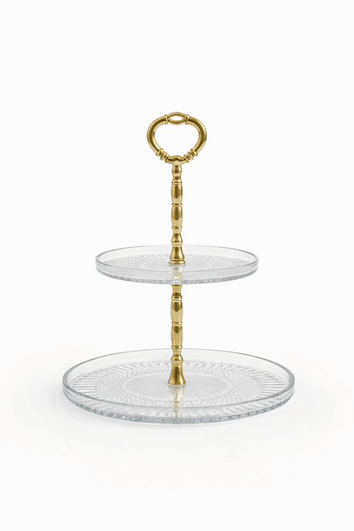 2 Katlı Cam Kek & Kurabiye Sunum Standı – Gold Kulplu Şık Sunumluk