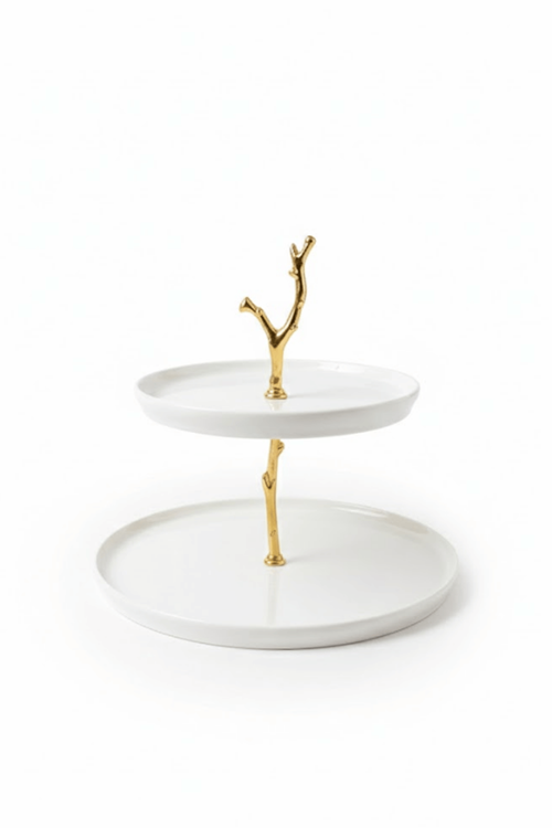 2 Katlı Porselen Kurabiyelik Standı - Altın Dal Detaylı Pasta Kek Sunumluk