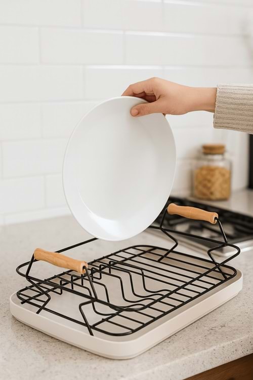 Ahşap Saplı Metal Bulaşık Sepeti - Tabak ve Bardak Kurutma Teli Plastik Altlıklı Bulaşıklık