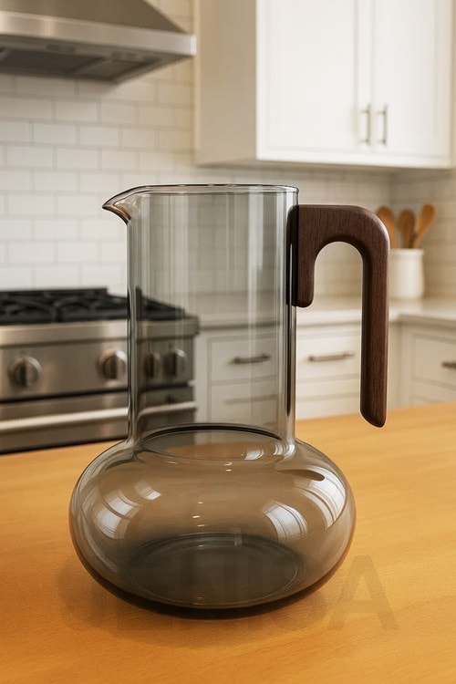 Borosilikat Cam Sürahi 1200 ml – Şeffaf Füme Akasya Saplı