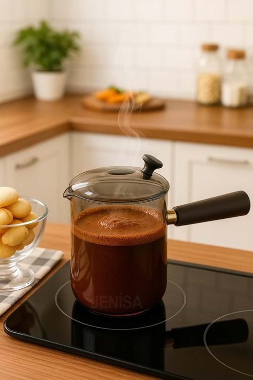 Çok Amaçlı Isıya Dayanıklı Cam Cezve & Sosluk 550 ml - Ahşap Saplı Modern Tasarım