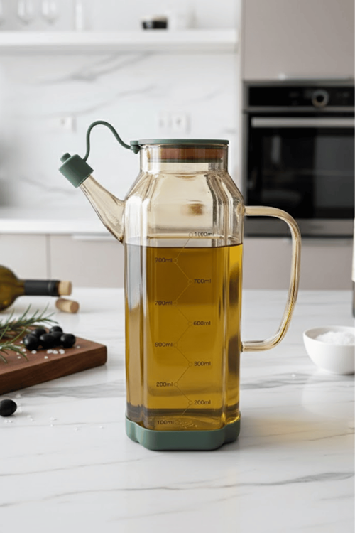 Amber Cam 1000 ml Yağdanlık Sürahi Akıtmaz & Kaymaz Silikon Tabanlı