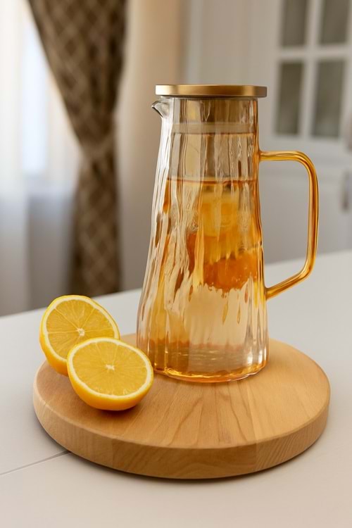 1800 ml Büyük Kapasiteli Cam Sürahi – Altın Kapaklı Isıya Dayanıklı Lüks Sürahi
