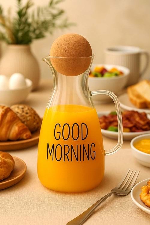 Top Mantar Kapaklı Cam Sürahi - Borosilikat Cam 1500ml Lüks Karaf