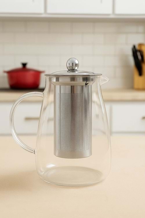 1500 ml Cam Metal Süzgeçli Demlik – Isıya Dayanıklı Detoks Sürahisi & Bitki Çayı Karafı