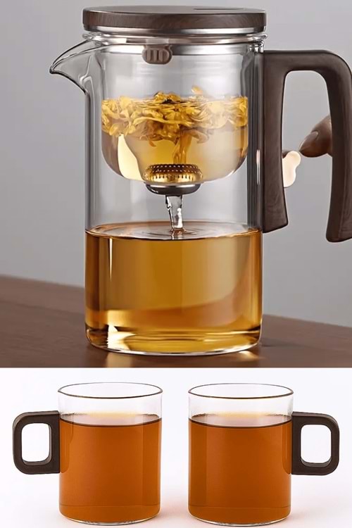 Borosilikat Cam Sihirli Demlik 720 ml Isıya Dayanıklı 2 Bardaklı Bitki Çayı Demleme Seti