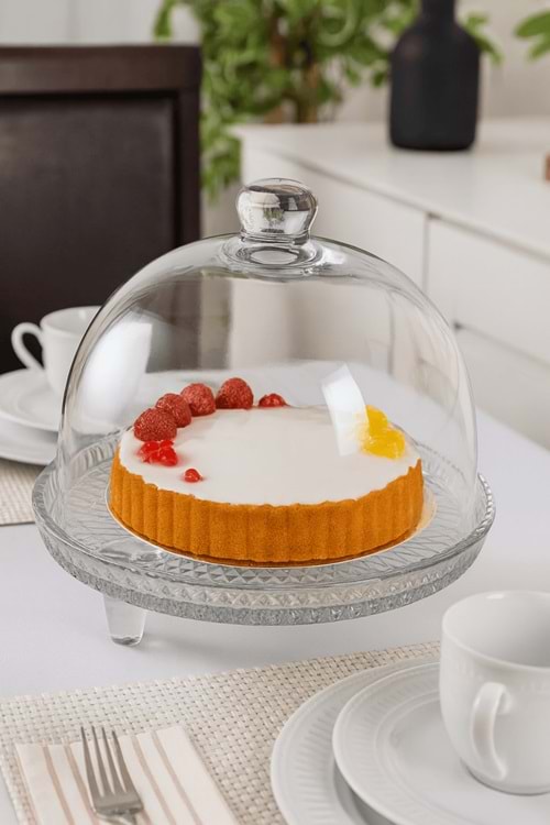 Cam Kapaklı Ayaklı Kek ve Pasta Sunum Fanusu 22 Cm