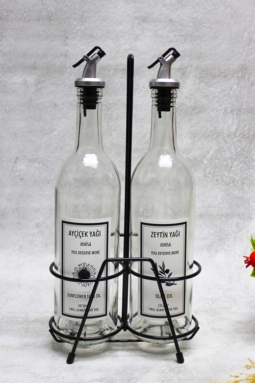 2 Adet Şeffaf 750 Ml Etiketli Akıtmaz Yağdanlık Yağlık Ve Siyah Stant