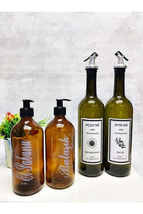 2li 750ml Akıtıcı Etiket Yağlık 2li 500ml Amber Etiket Sabunluk Mutfak Yağlık Sabunluk Set