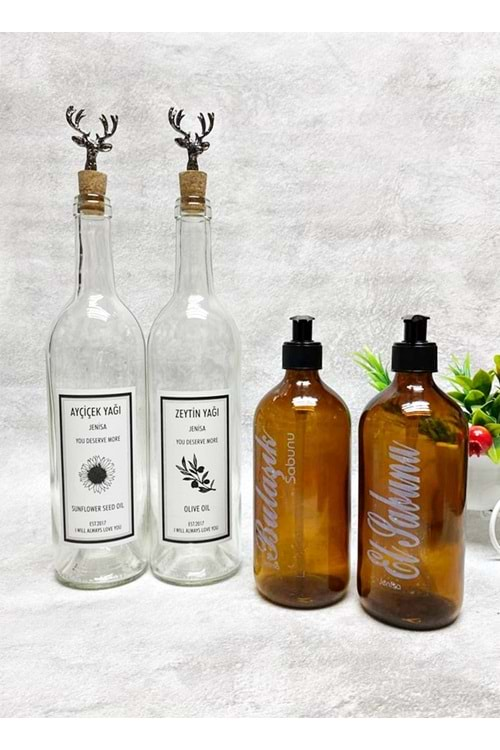 Geyik Mantar Tıpalı Şeffaf Şişe 750ml Yağlık 2li 500ml Amber Sabunluk Mutfak Yağlık Sabunluk Set