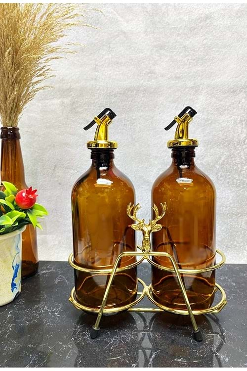 Altın Standlı Geyik Figürlü 500Ml Amber Şişe Altın Akıtıcılı Yağlık Yağdanlık