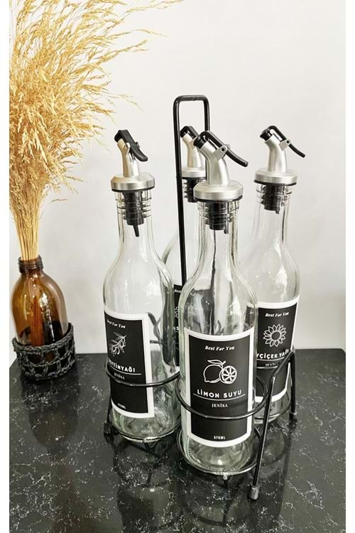 Dörtlü Siyah Metal Standlı Yağlık Sosluk Stand 375 Ml Şişeli Etiketli