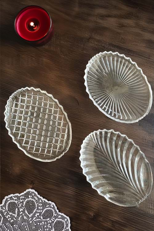 3 Adet Farklı Model Cam Pasta ve Salata Servis Tabağı Seti 20x15 cm