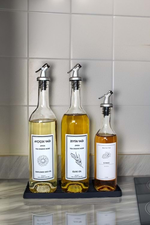 Siyah Silikon Stantlı Akıtmaz Başlıklı 3’lü Yağlık ve Sirkelik Seti - 750 ml & 375 ml Set
