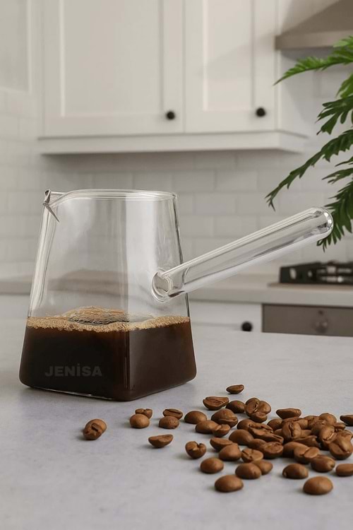 Borosilikat Cam Cezve – Isıya Dayanıklı, Ocak Üstü Uyumlu Şeffaf Kahve Cezvesi 400 ml
