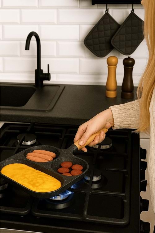 3 Bölmeli Granit Döküm Tava Pankek Yumurta Mücver Omlet Tavası Çok Amaçlı Kamp Tavası