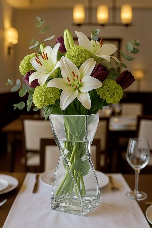 Kare Formlu Spiral Cam Vazo - Çiçek Vazo Şeffaf 25 cm