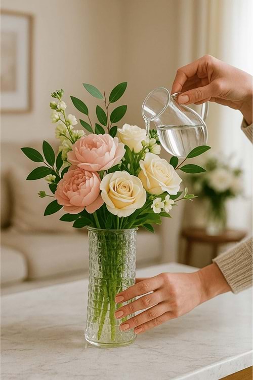 Kare Desenli Şeffaf Cam Vazo – Dekoratif Masa Üstü Vazo