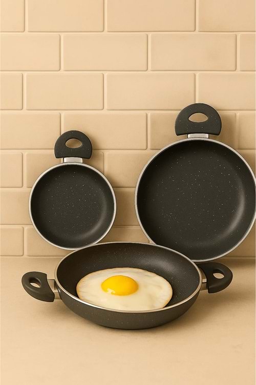 Granit 3’lü Sahan Seti – Yapışmaz Çift Kulplu Gri Sahan 20/22/24 cm