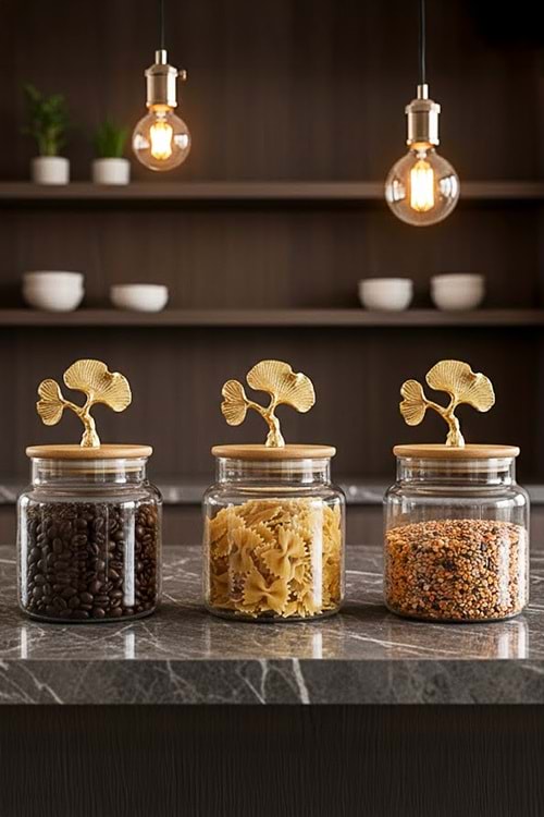 Altın Ginkgo Figürlü 3’lü Cam Kavanoz Seti – Bambu Kapaklı 635 cc Saklama Kabı