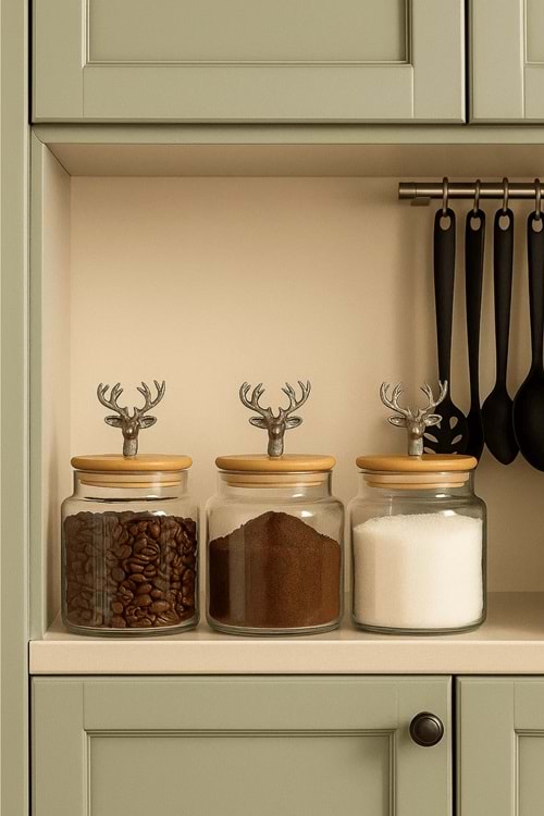 3'lü Metal Siyah Geyik Figürlü Bambu Kapaklı Cam Kavanoz – Şık Saklama Kabı 635 cc