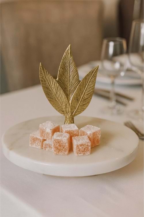 Altın Yaprak Dekorlu Mermer Lokumluk – İkram, Tatlı & Drajelik Sunum Tabağı
