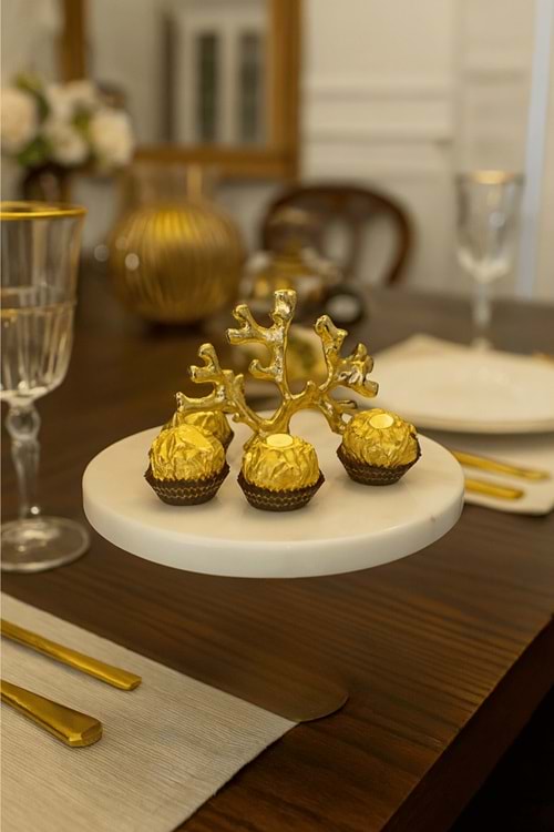 Altın Mercan Dekorlu Mermer Lokumluk – İkram, Tatlı & Drajelik Sunum Tabağı