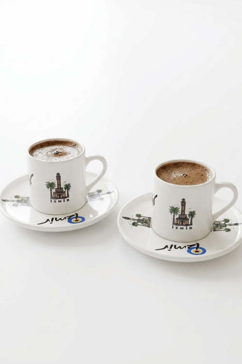2'li İzmir Temalı Kahve Fincanı Seti - Baskılı Fincan Takımı