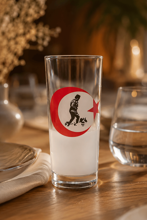 6'lı Atatürk İmzalı ve Türk Bayraklı Cam Rakı Bardağı Seti
