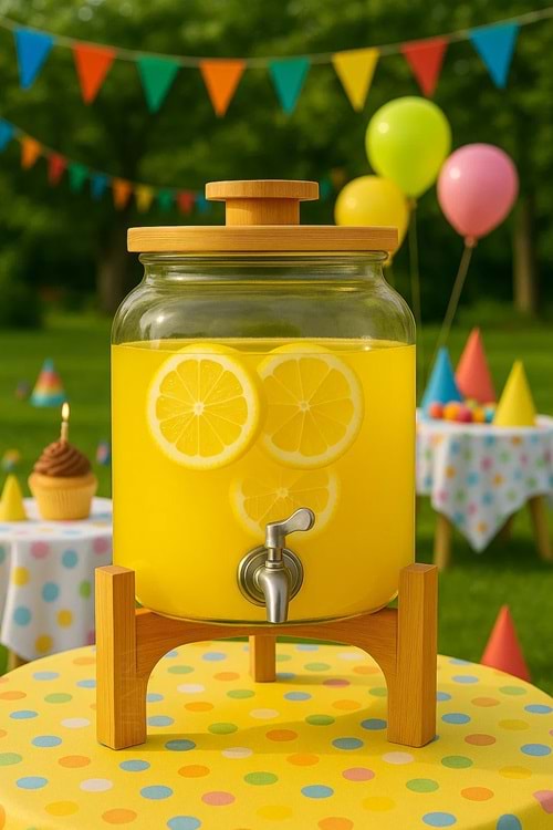 4 Litre Cam Şerbetlik – Musluklu, Bambu Standlı Sunumluk Sebil İçecek Dispenseri