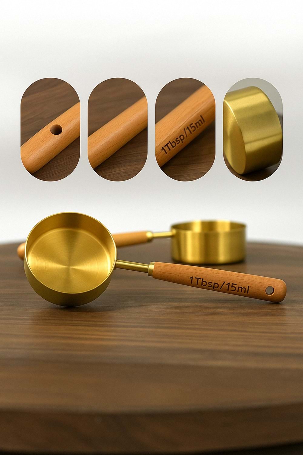 Gold Paslanmaz Çelik Ölçü Kaşığı 15 ml – Ahşap Saplı Premium Kalite Ölçü Kaşık