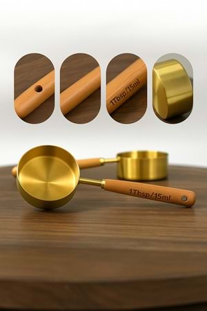 Gold Paslanmaz Çelik Ölçü Kaşığı 15 ml – Ahşap Saplı Premium Kalite Ölçü Kaşık