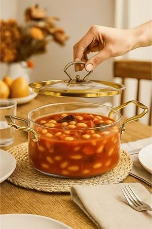 3,5 Lt Altın Kapaklı ve Kulplu Isıya Dayanıklı Tencere – Ölçülü Borosilikat Cam Tencere