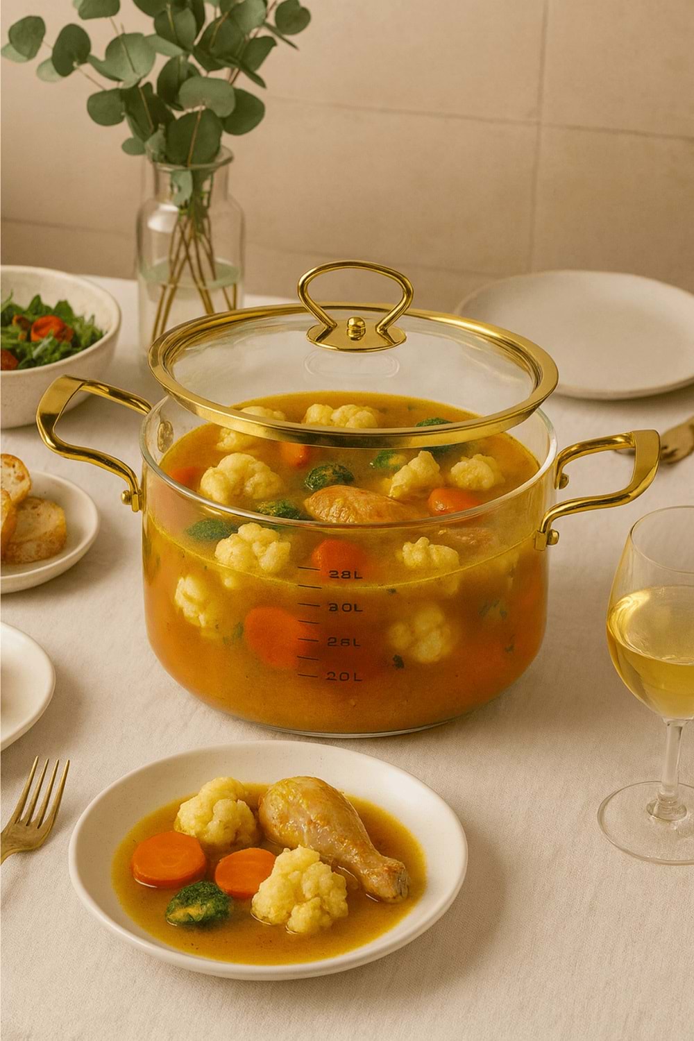 3,5 Lt Altın Kapaklı ve Kulplu Isıya Dayanıklı Tencere – Ölçülü Borosilikat Cam Tencere