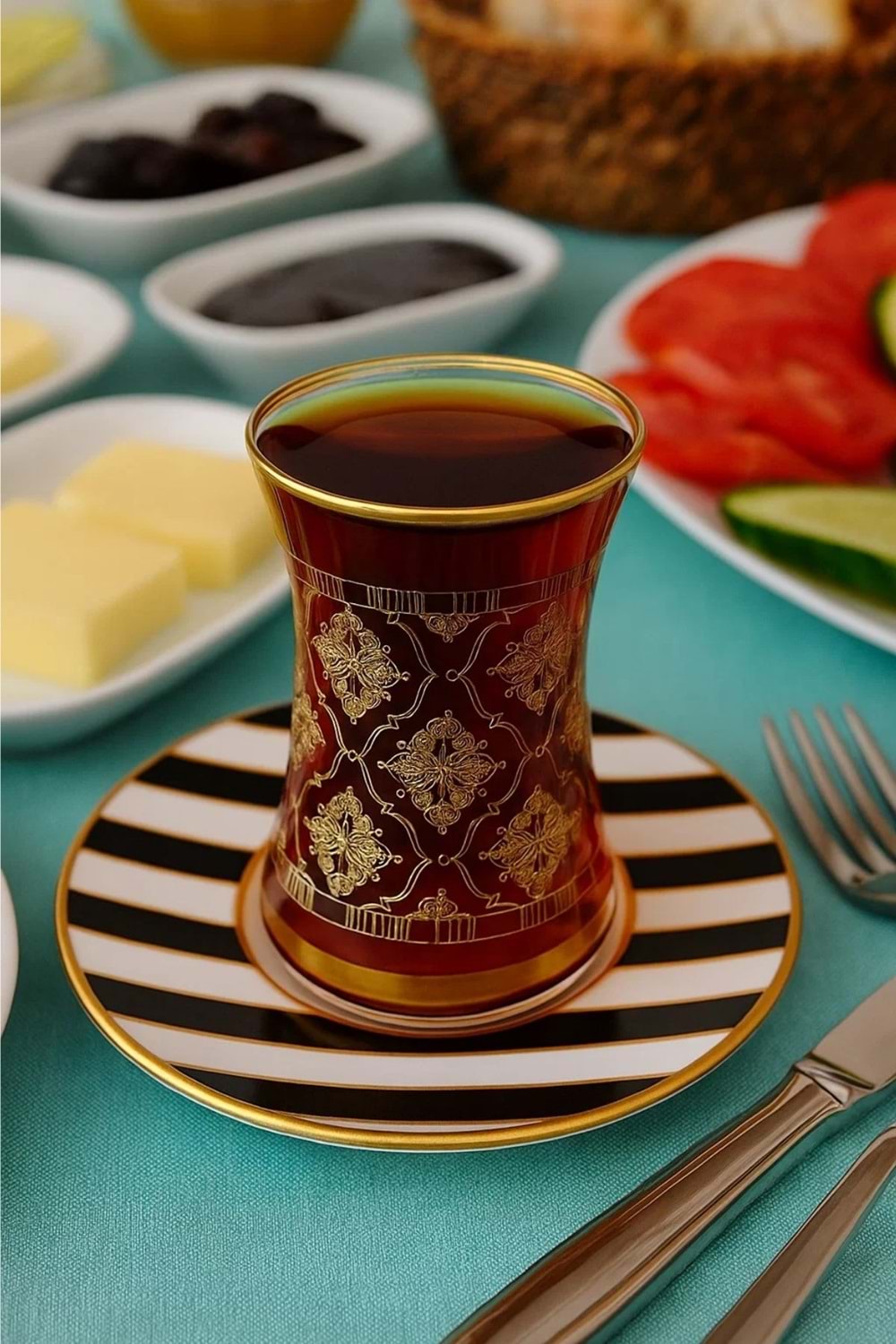 12 Parça Altın Yaldızlı Desen Çay Bardağı ve Zebra Desen Tabak Seti