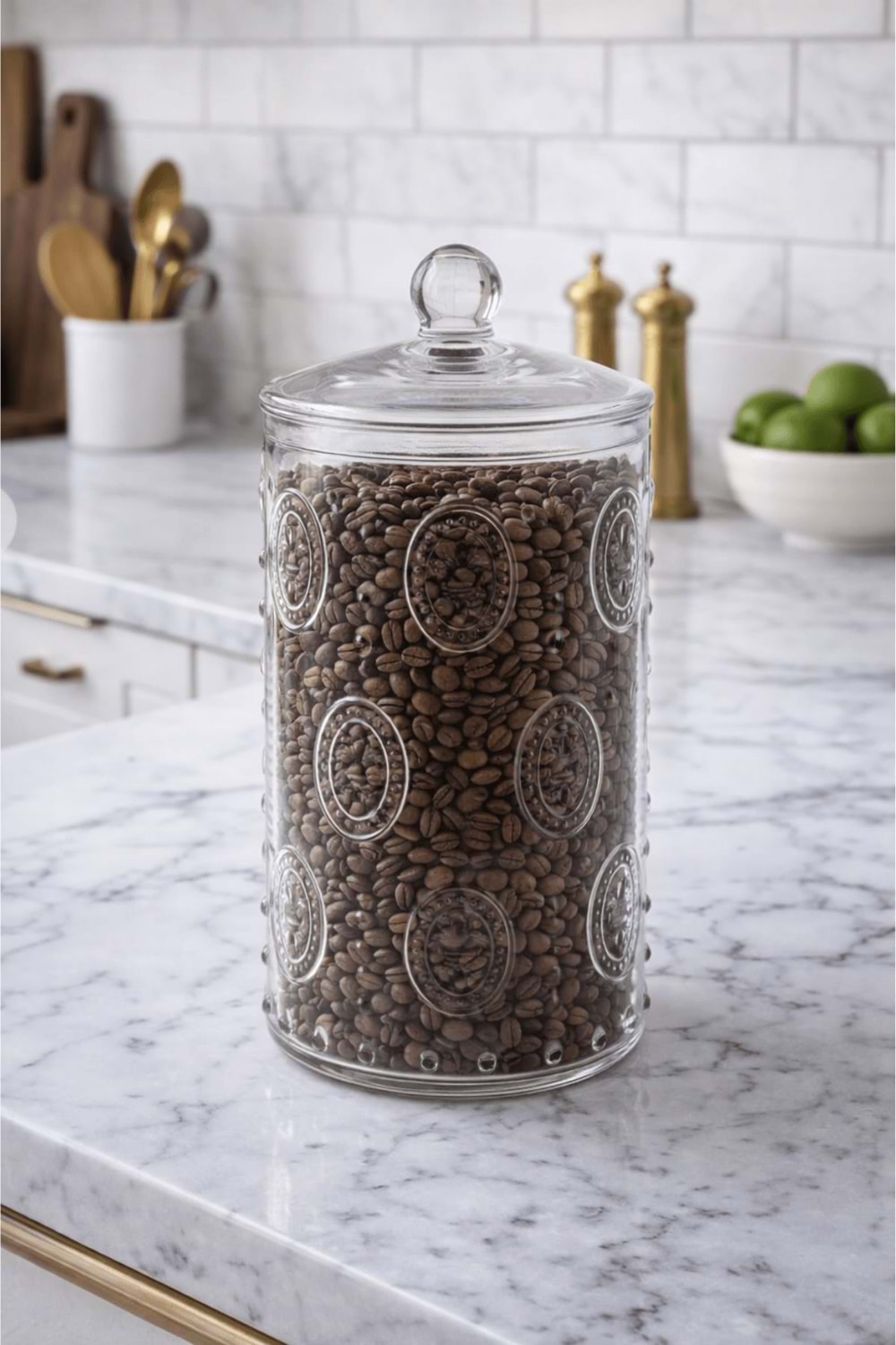 1500 Ml. Desenli Cam Kapaklı Kavanoz - Orta Boy Cam Saklama Kabı