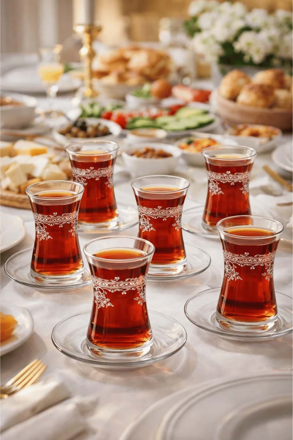 Florale Model Desenli Şeffaf Cam Çay Seti – 12 Parça Çay Takımı