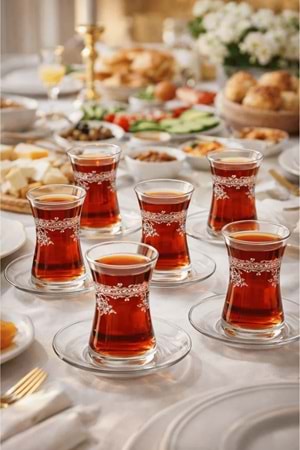 Florale Model Desenli Şeffaf Cam Çay Seti – 12 Parça Çay Takımı